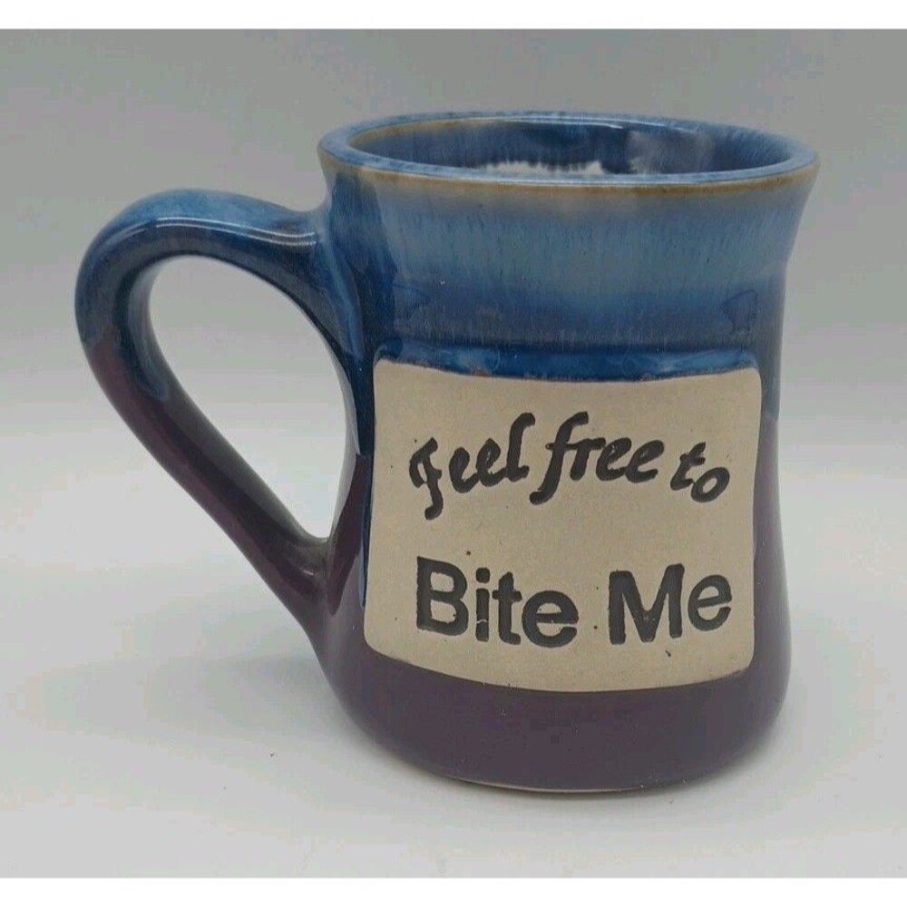 Tumbleweed Pottery Mug Feel Free To Bite Me Stoneware Blue Drip Purple Glaze